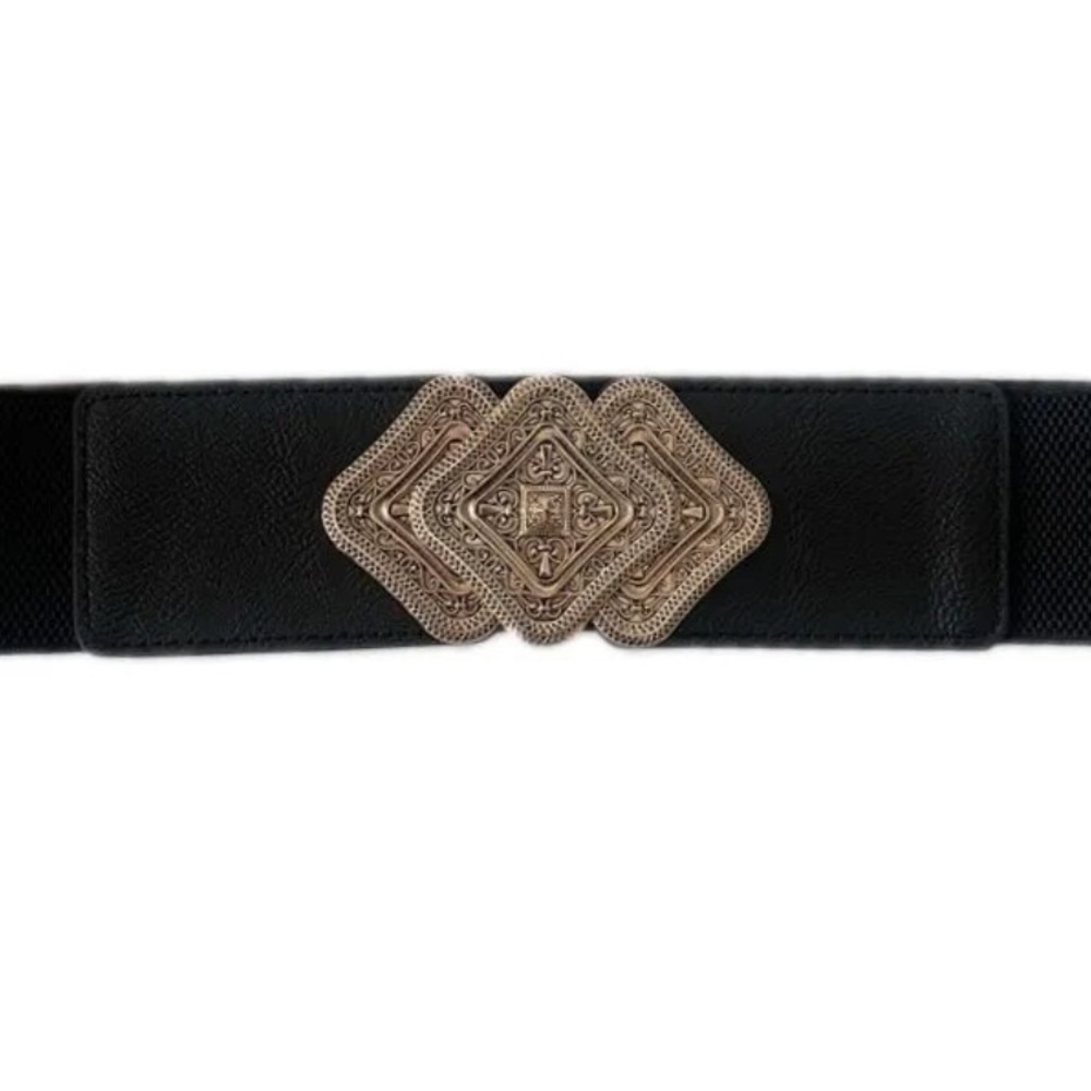 Black Elastic Leather Gold Buckle Fashion Belt - Picture 3 of 9